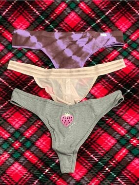 PINK Victoria's Secret Three-Pack Thong Set in Purple, Cream & Gray